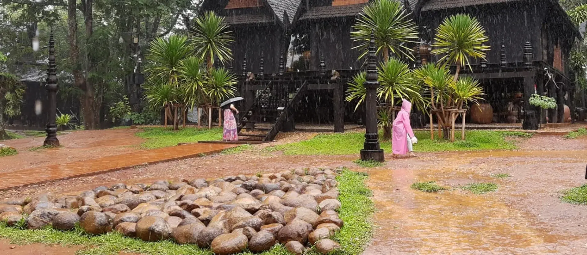 Person in a pink robe walking in a garden